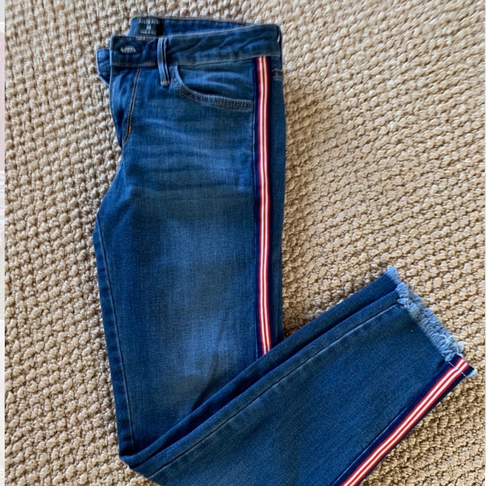 Red white and blue side stripe jeans